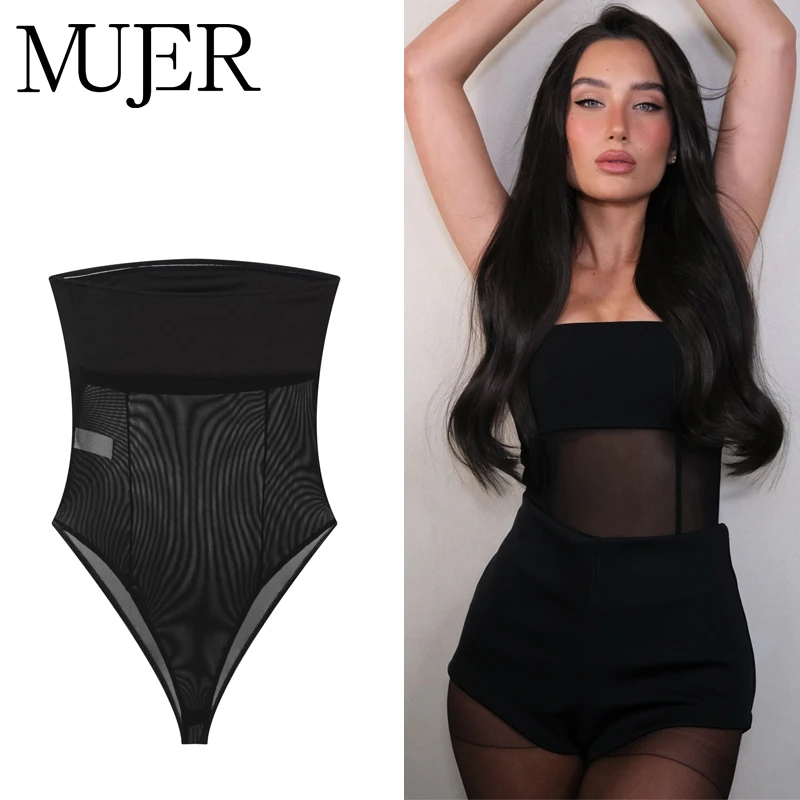 MUJER Corset Mesh Bodysuit Women Sexy Transparent Bodys for Women off Shoulder Tulle Top Ladies Summer Sleeveless Jumpsuit Woman