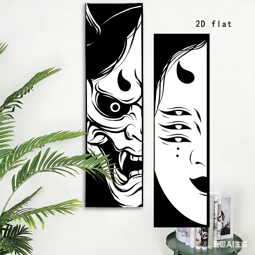 Japanese Hannya Demon Geisha Long Tapestry Set, Black White Ukiyo-E Wall Hanging, Vertical Tattoo Style Decor for Bedroom Living