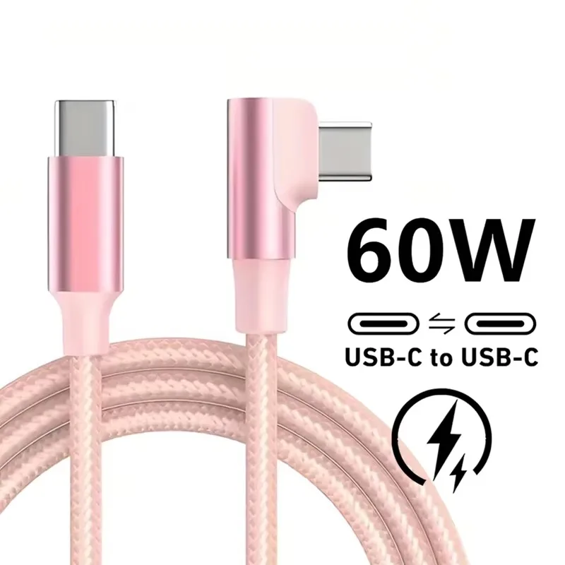 

90-градусный плетеный кабель PD 60 Вт с двумя USB C для быстрой зарядки для iPhone 15 16 Samsung Huawei Honor Xiaomi Redmi POCO Type C to Type C