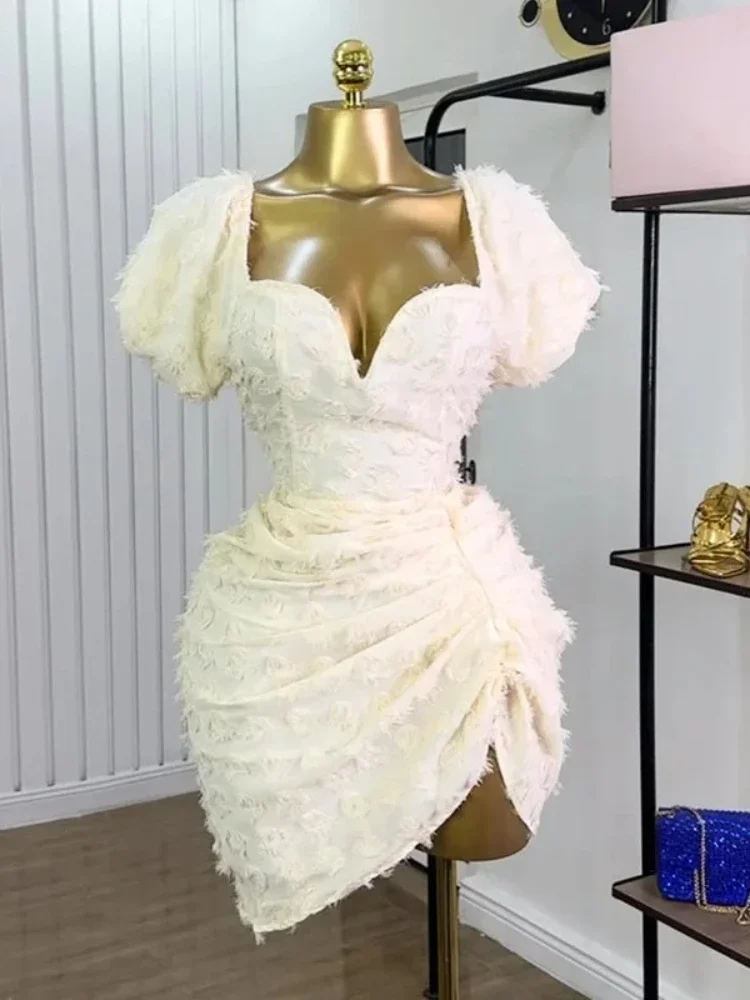 

Summer Women Lantern Short Sleeve Side Split Ruched Midi Mini Dress 2025 Fashion Sexy Night Club Party Dresses Vestidos 2025 New