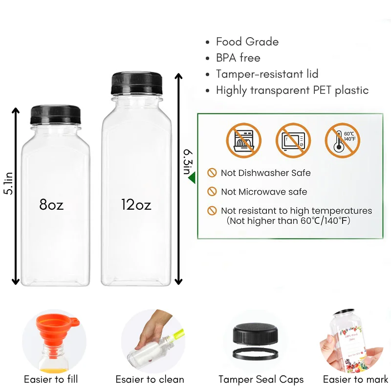 6-48Pcs Plastic Juice Bottles with Caps 8oz/12oz Clear Reusable Beverages Container with Lids Smoothie Cup for Party School view 6