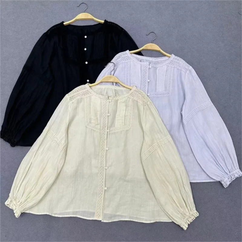 

Johnature Japanese Ramie Lace Panelled Pleated Tops Summer New 2024 Loose Along-sleeved Shirt Lace Balloon Sleeve Tops For Women