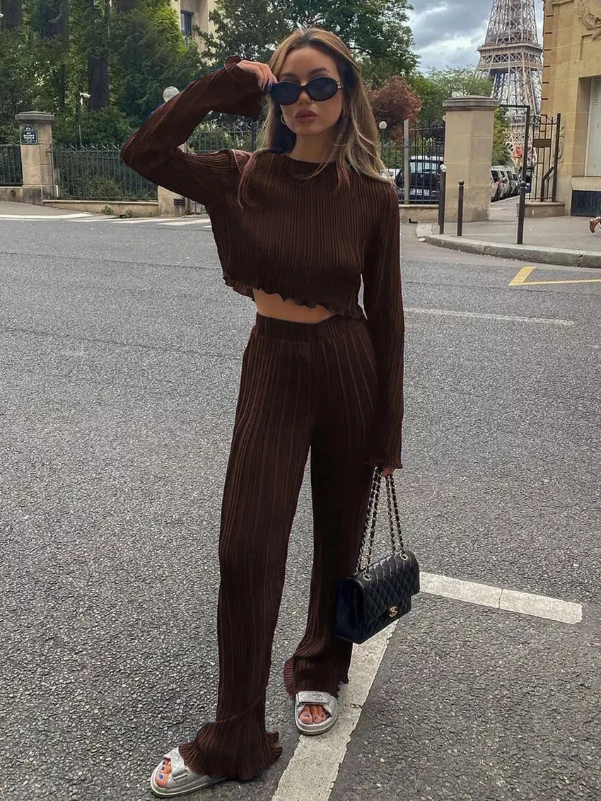 Women Pajamas Causal Loose Home Suit Spring Fashion Bodycon Pleated Wide Pants Set Elegant Long Sleeve Sleepwear Two Piece Set