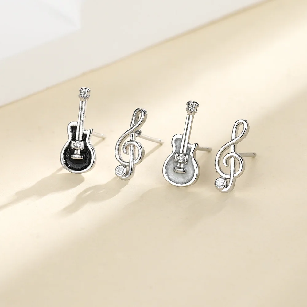 QMCOCO Silver Color Asymmetry Music Stud Earrings Women Punk HipHop Geometry Guitar Ear Stud For Girl Party Accessories Gift