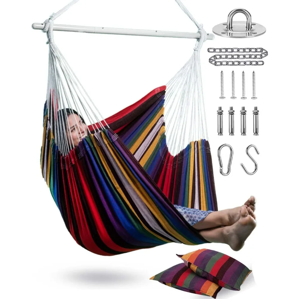 

XXL Hammock Chair Hanging Rope Swing with 2 Cushions - Max 500lbs-Perfect for Patio, Porch, Bedroom, Backyard, Indoor or Outdoor