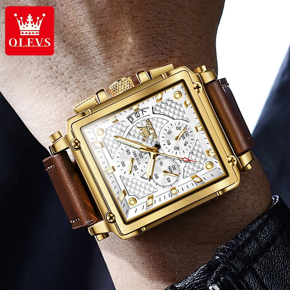 OLEVS Luxury Classic Men's Watches Top Brand Original Quartz Square Quartz Watch for Man Leather Strap Waterproof Luminous Date