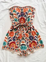 Women's Summer Colorful Folk Printed Crop Top and Shorts Jumpsuit, Suitable for Beaches, Music Festivals, Hippie Styles, Party - Image 3