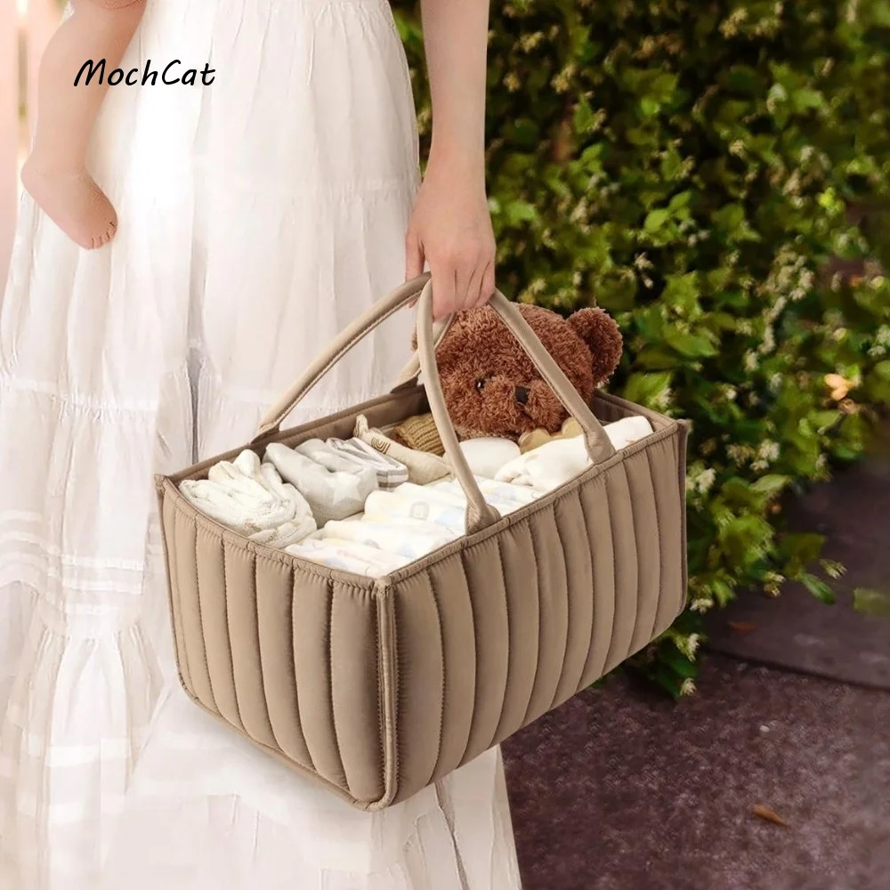 Large Capacity Baby Diaper Organizer Multi-Pocket Floral Beige Nursery Storage Basket Multifunctional Portable