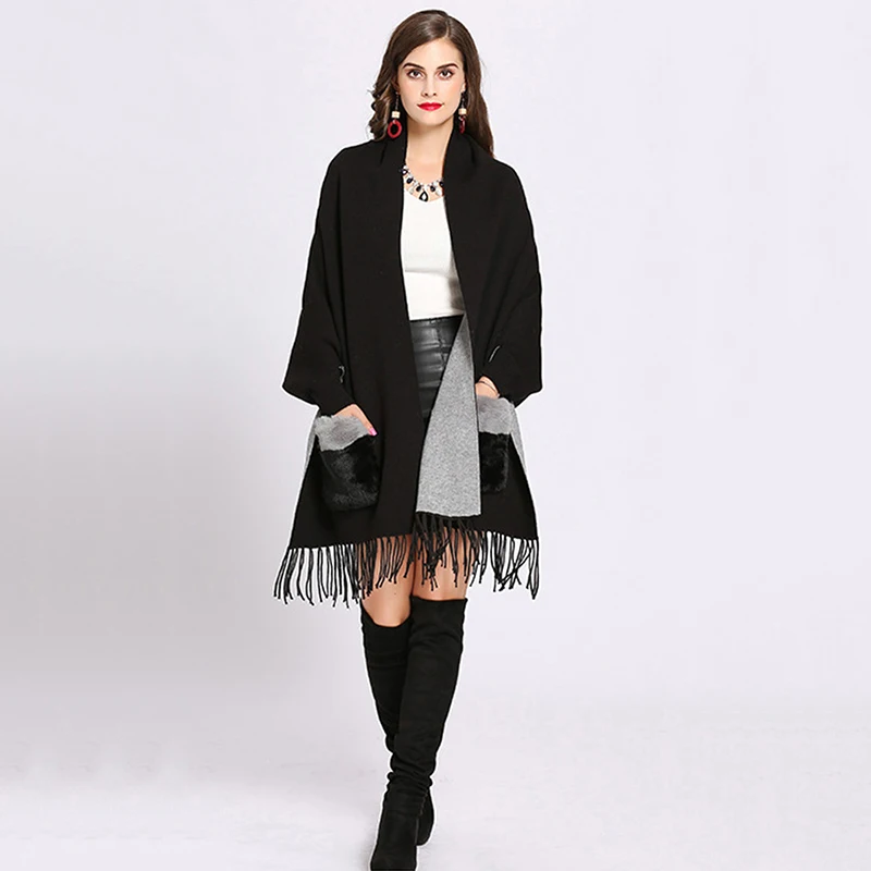 

Fashion Fur Pocket Acrylic Cashmere Cape Shawl Long Bat Sleeve Soft Core Spun Yarn Cardigan Women Spring Autumn Wraps Cappa