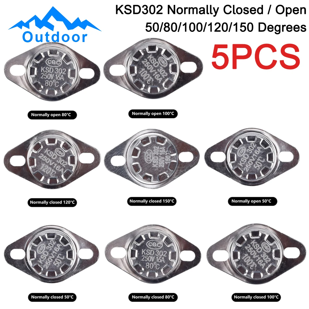 5 sztuk KSD302 termostat przełącznik sterowania termicznego 250V 16A normalnie zamknięty i otwarty przełącznik termostatu 50/80/100/120/150 stopni