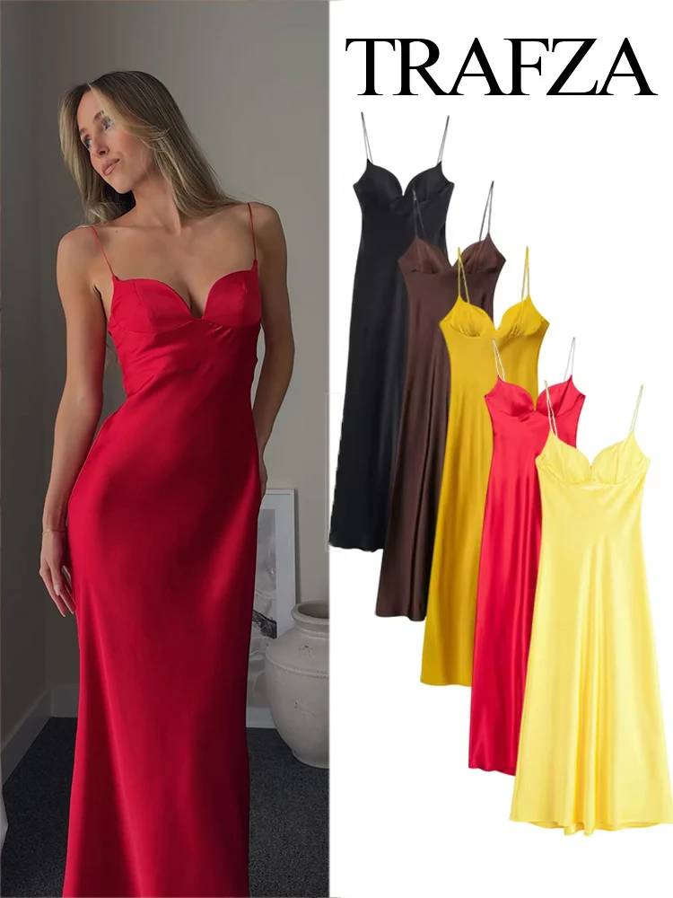 

TRAFZA Women's Summer Holiday Fashion Back Zipper Satin Texture Sleeveless Long Dress Female New Temperament V-Neck Sling Dress