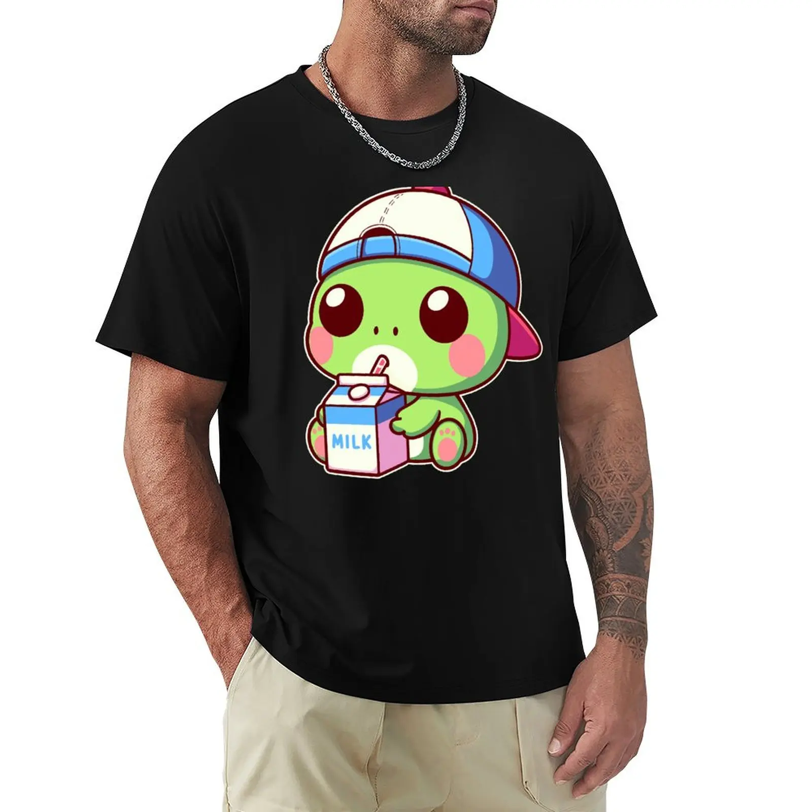 Cute Frog Drinking Milk Kawaii Anime Toad T-Shirt t shirt for man T-Shirt