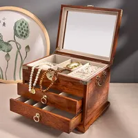 Solid Wood Jewelry Box Retro Storage Boxes Wedding Ring Holder Bracelet Necklace Display Stand with Lock Mirror Women Gifts