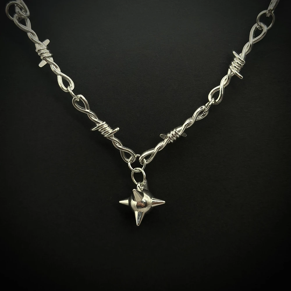 Gothic Thorn Barbed Wire Chain Spiky Ball Flail Charm Necklace for Women Men Punk Grunge Morning Star Pendant Hardware Necklace