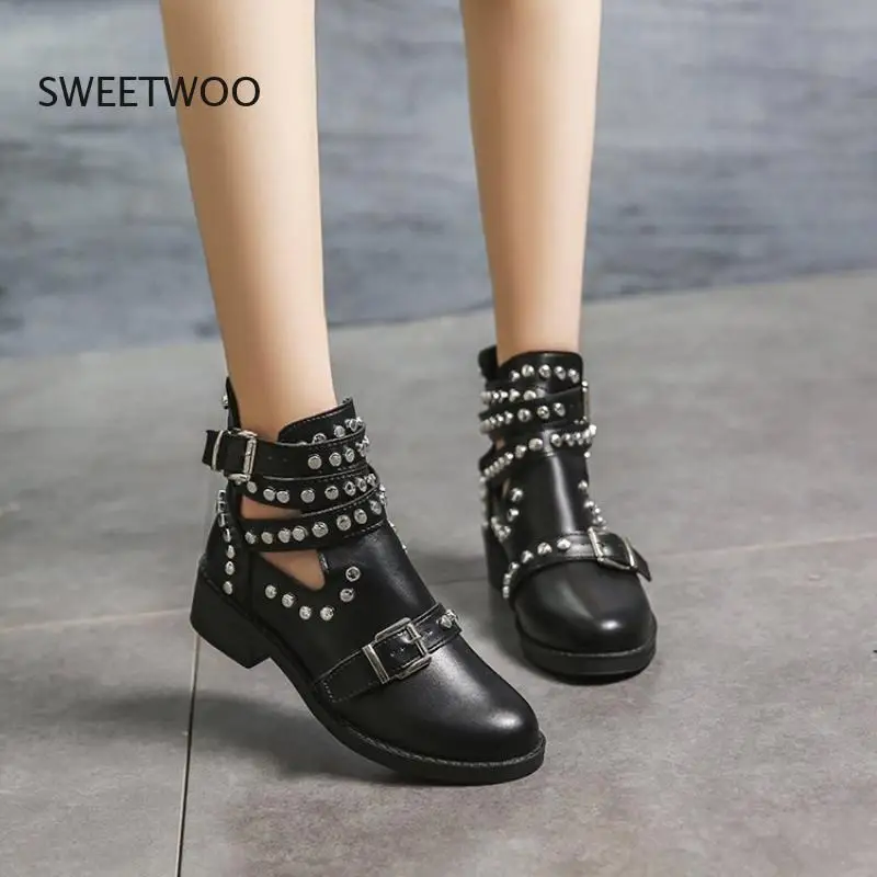 2021 Autumn New Woman Boots Rivet Ankle Boots Round Toe Mid Heel Short Boots Fashion Buckle Outdoor Women's Shoes  41