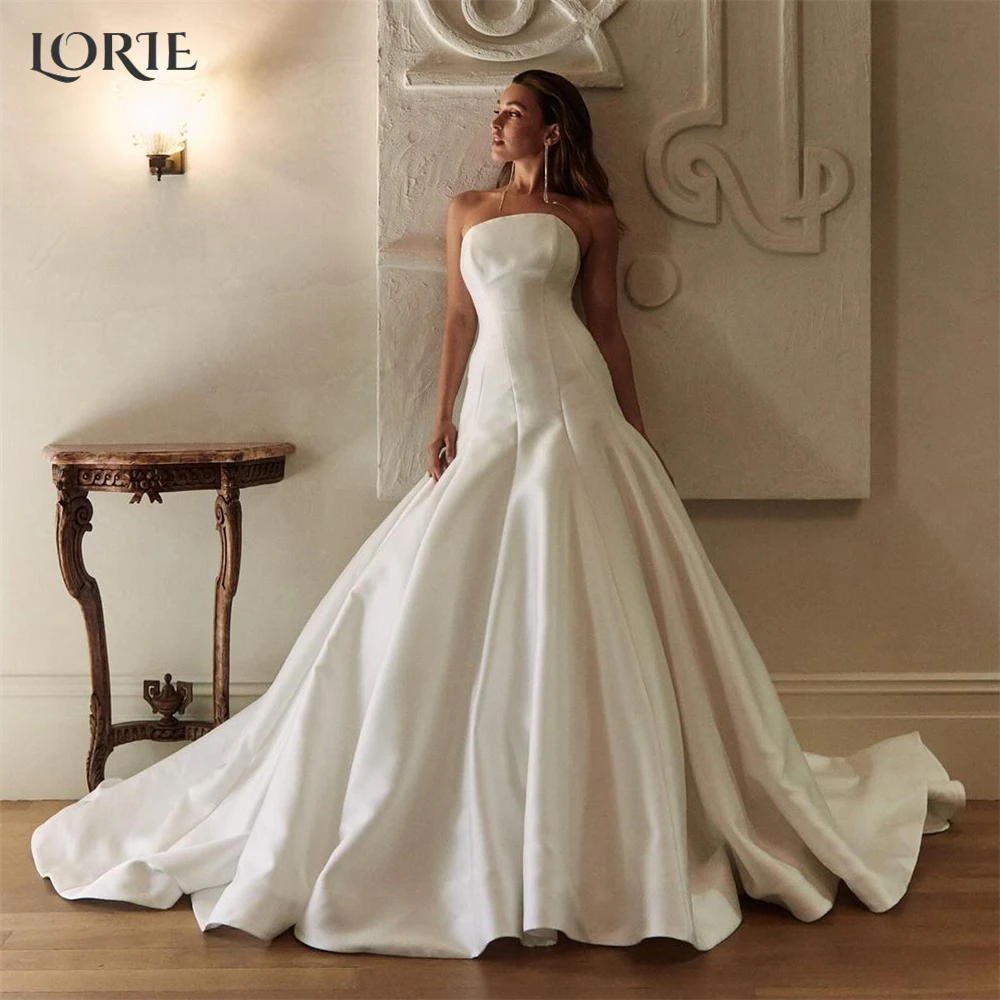 

LORIE Solid Satin Memaid Wedding Dresses Elegant Off Shoulder Strapless Bridal Gowns Backless Puffy Skirt Sleeveless Bride Dress