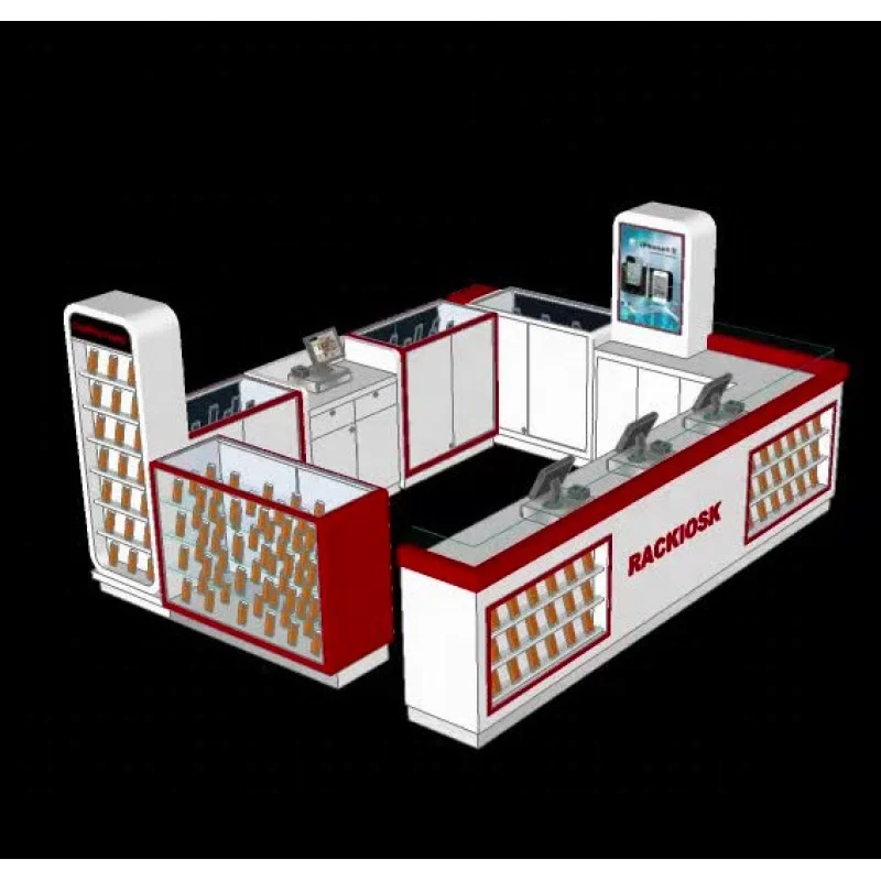 

Custom red phone accessories display cabinet tempered glass phone fixed counter modern mobile repair kiosk