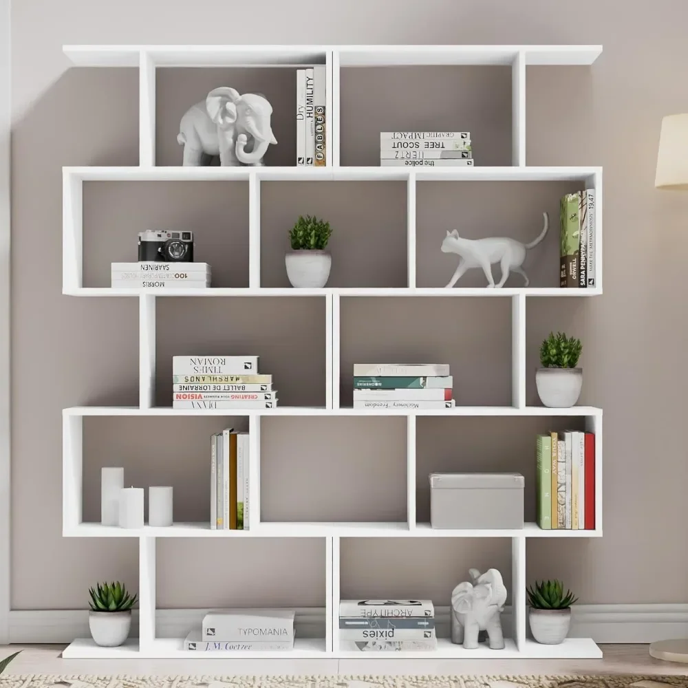 

For Bookshelf Set of 2,S-Shaped Modern Bookcase Room Divider, Geometric Wood Book Shelf, 62" Tall Bookcase with 5-Tier Display S