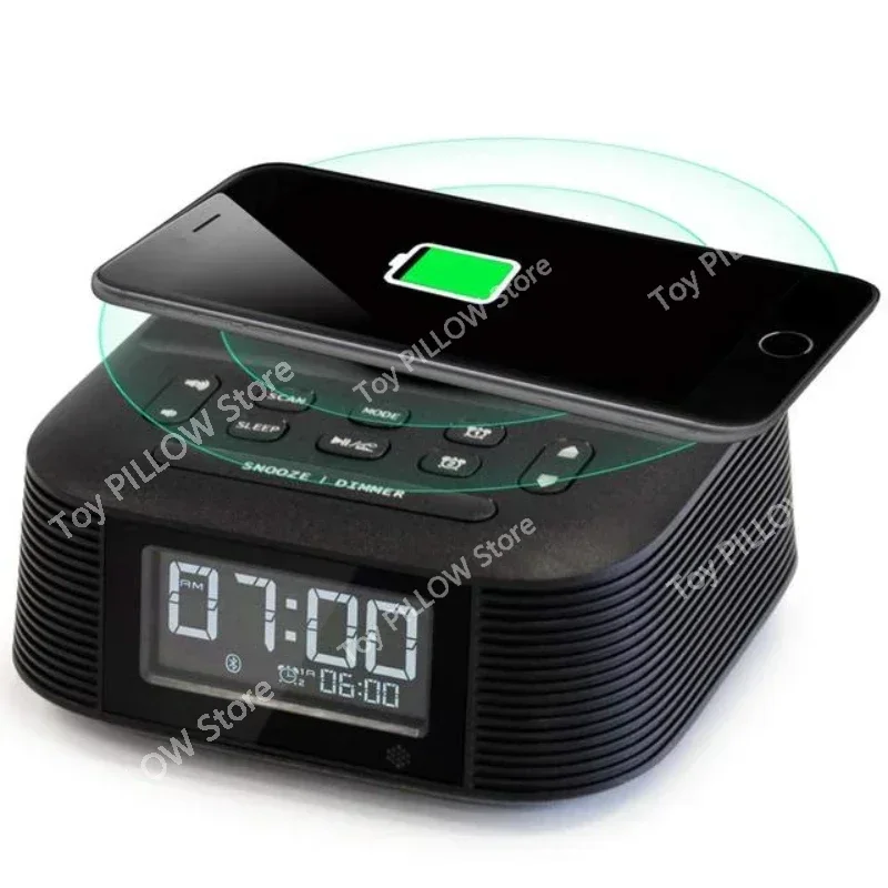 

Wireless Charging Speaker with FM Radio USB Blue Tooth Speaker Dual Alarm Clock Speakers Wireless Charging Function Hotel