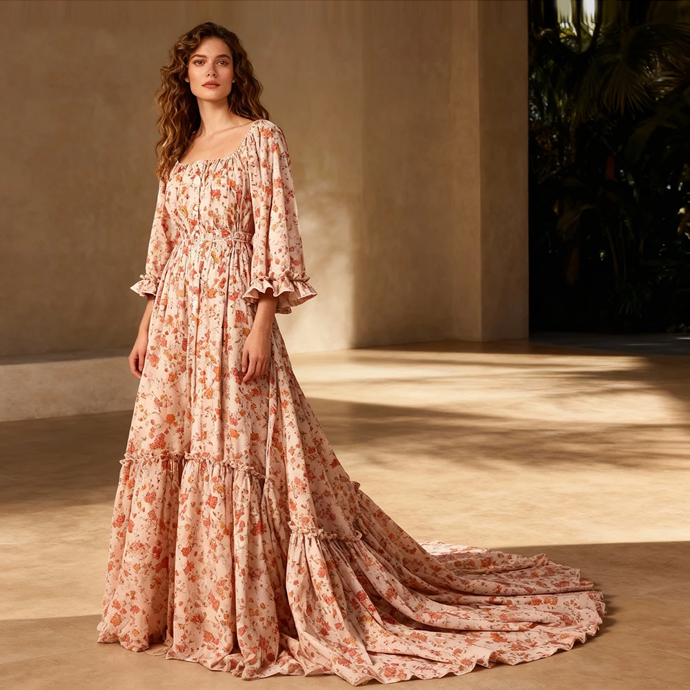 

Floral Boho Maternity Clothing Photography Dresses Long Sleeves Baby Shower Dress for Pregnant Woman for Photo Shoot YW2025-3