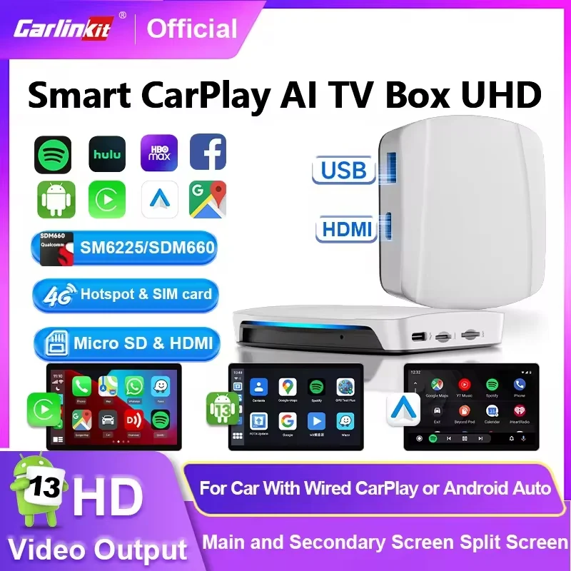 CarlinKit HDMI CarPlay Ai Box Wireless Android Auto CarPlay TV Box CarPlay HD Video Output Split Screen Android 13 GPS 8GB+128GB