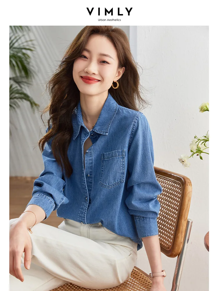 Vimly Vintage Cotton 100% Washed Denim Shirt Women 2024 Spring Fashion Casual Loose Long Sleeve Button Down Shirts & Blouses