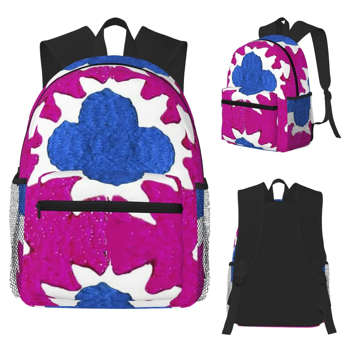 

Faux Embroidery Geometric Pink And Blue Student Backpack School Bag Travel Daypack for Men Women Fashion Bookbag Shoulder Bags