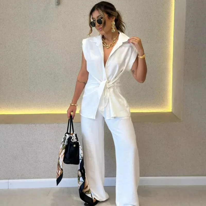 New Fashion Lace-up Corset Short-sleeved Shirt High-waisted Casual Pants Two-piece Set European American Women's Clothing Stock