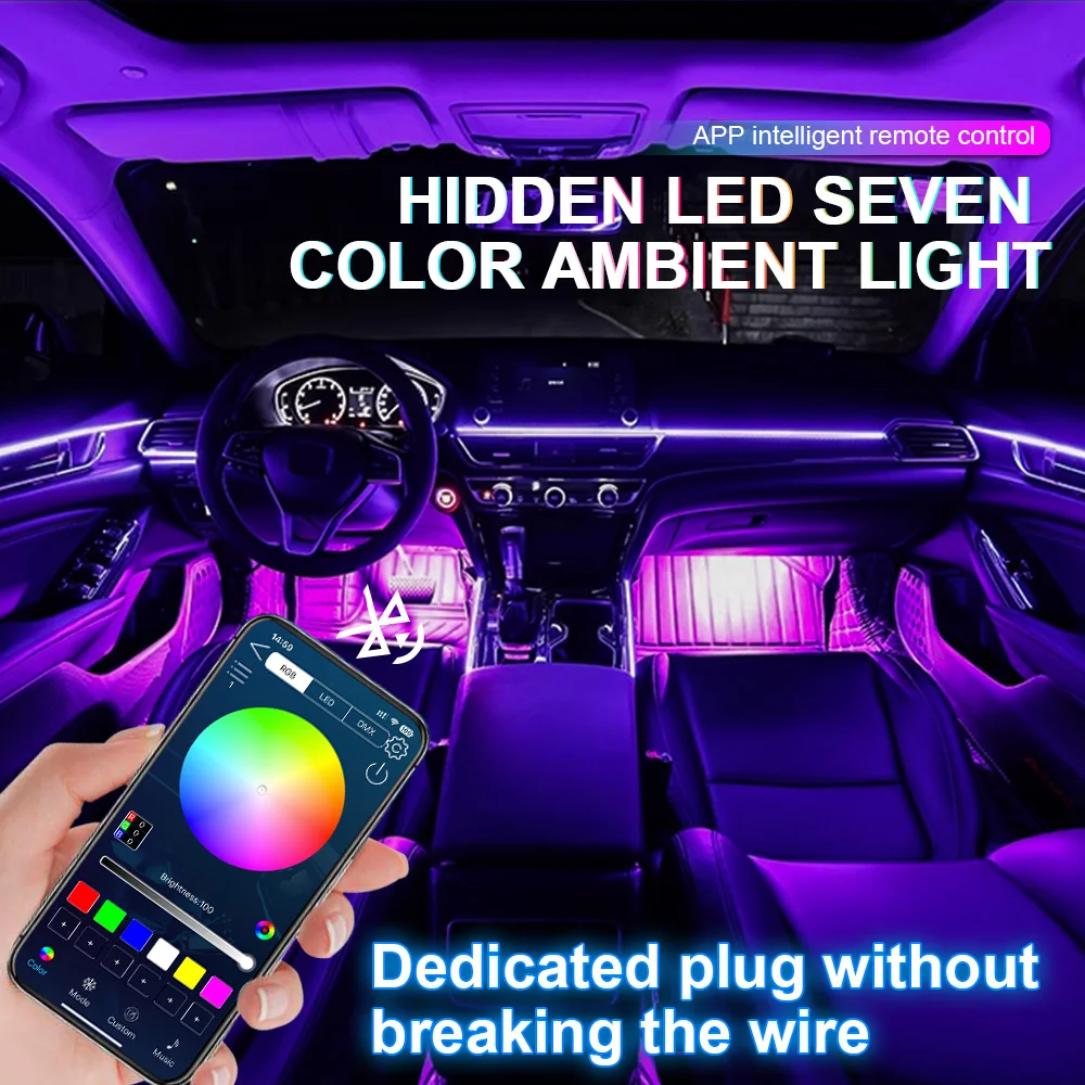 18 in 1 Universal Car LED Ambient Light RGB 64 Color Neon Acrylic Hidden Atmosphere Light Strip Interior Decoration With App 12V