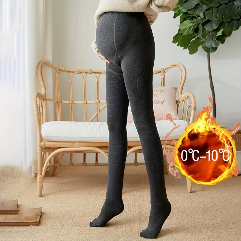 

1 Piece Maternity Pantyhose Women Winter Fleece Lined, Adjustable Belly Support Pregnancy Outerwear, Black Gray Footed Leggings