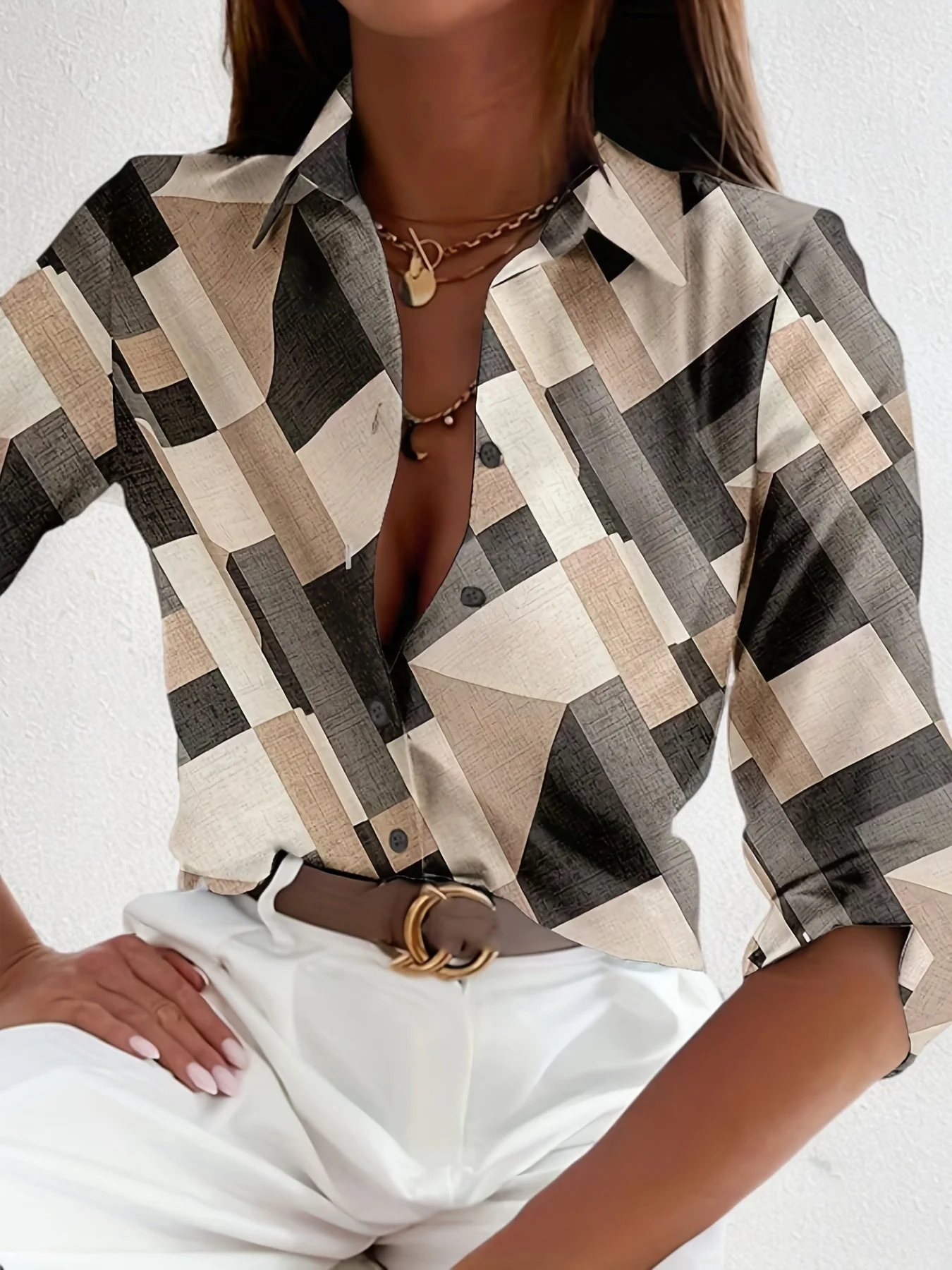 

Women's Button Up Long Sleeved Shirt With Color Block Splicing Printed Casual Street Office Elegant Top Fashion Women's Shirt