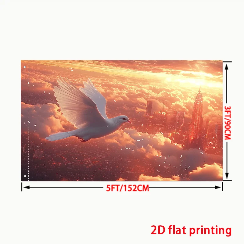Dove Flying Over Cityscape Sunset Flag Polyester 2D Flat Print Spiritual Decoration Gift