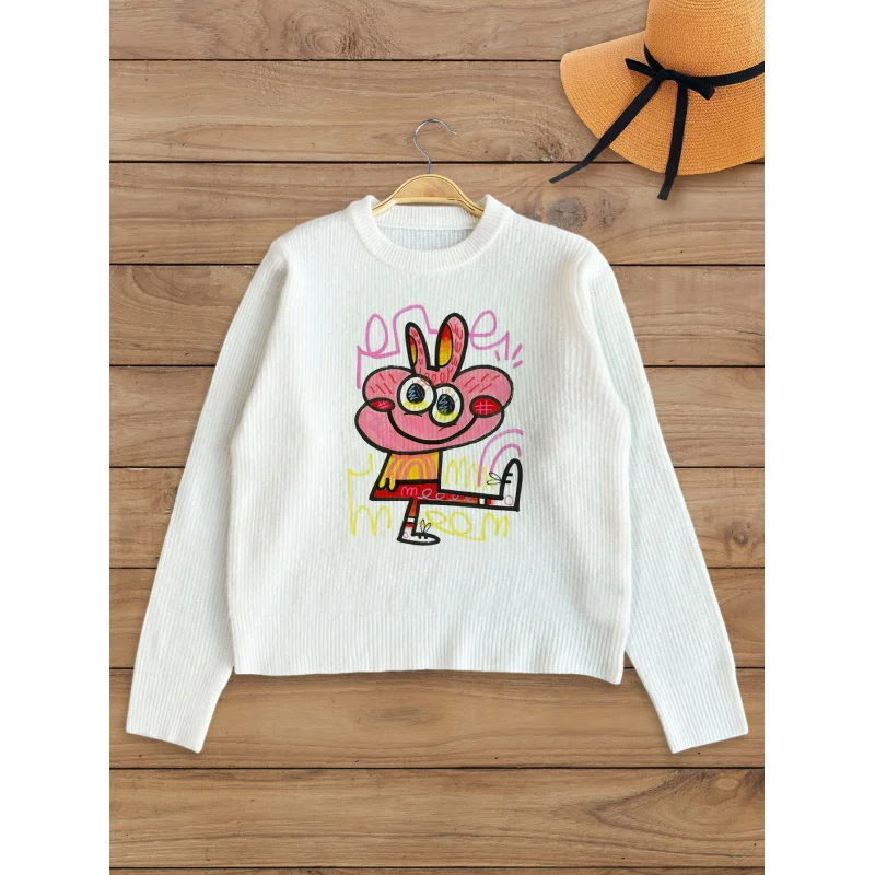 

Elegant Finger Dance Print Knit Cardigan Women's Autumn Winter Button-Up Sweater, Loose Fit, Warm Casual Fashion Gift