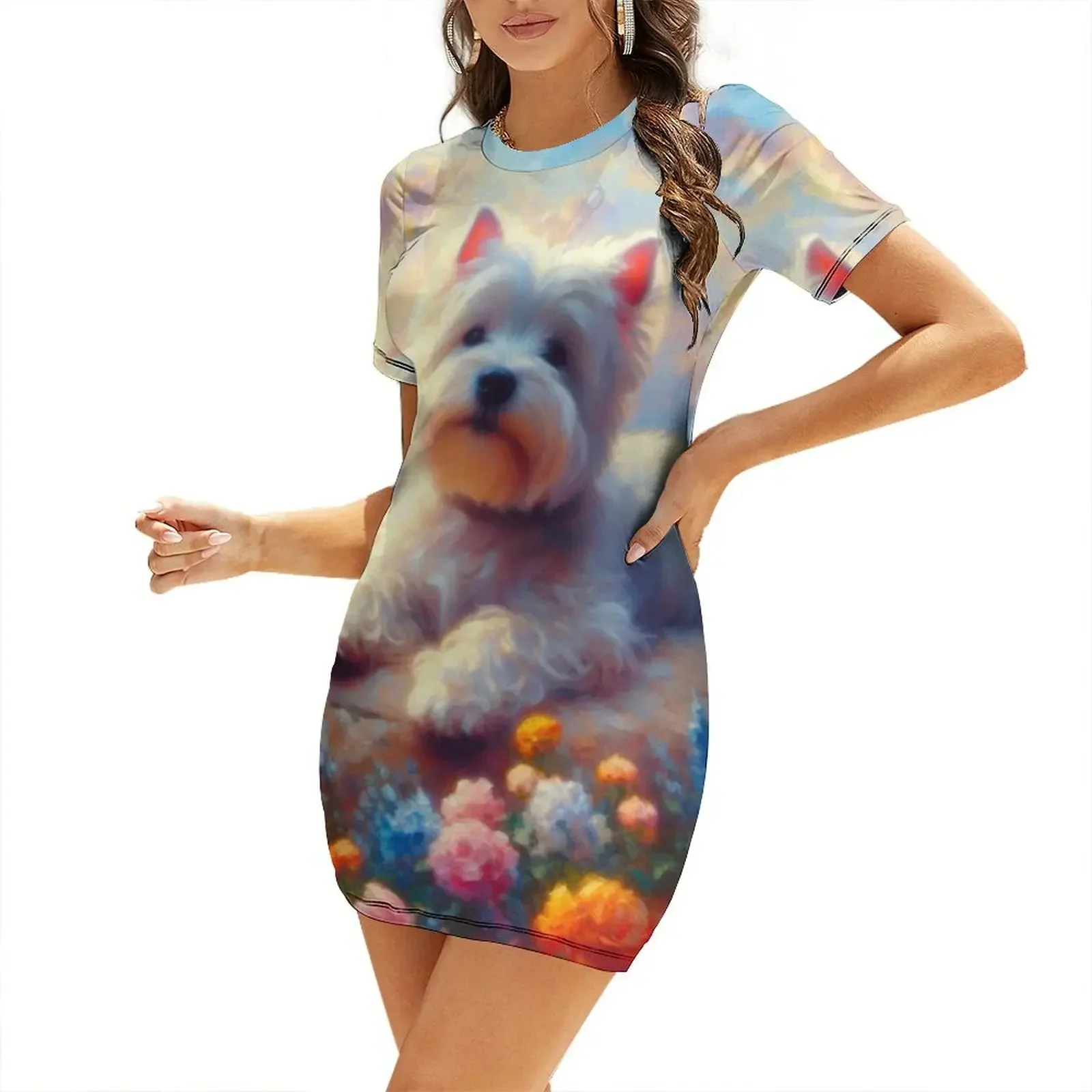 

Floral Westie Painting - West Highland Terrier Short-Sleeved Dress elegant women's dresses sale bandage dress