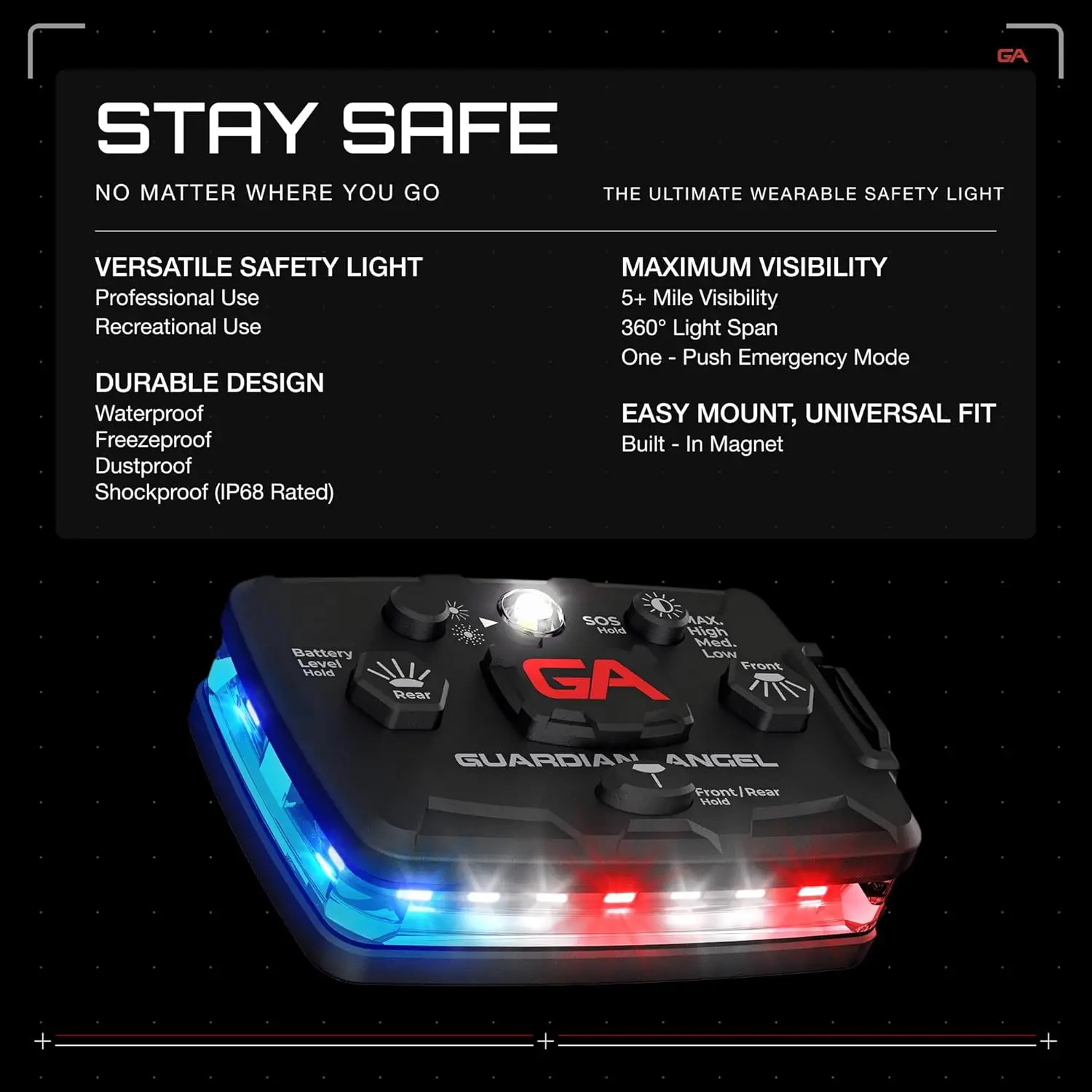 Rechargeable Magnetic LED Safety Light for Police Firefighters First Responders - Red Blue White Front Rear Lights