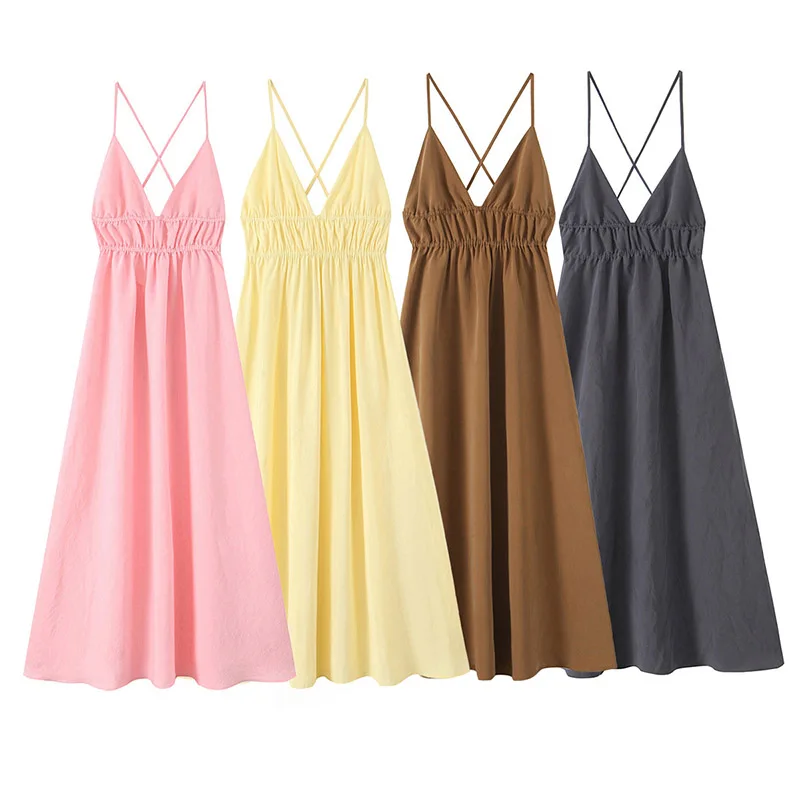 Summer V-Neck Backless Pleated Lace-up Midi Dress Women A-Line Suspender Solid Color Dress Female Casual Chic Wear 2025 New