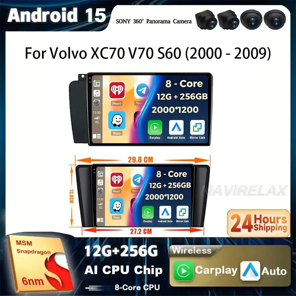 Pantalla de Reproductor Multimedia para Automóvil con Sistema Android 15, Unidad Principal para Volvo XC70 V70 S60 2000-2009, Radio para Automóvil, Navegación con Vídeo, Sin Reproductor de DVD 2din, Estéreo, GPS