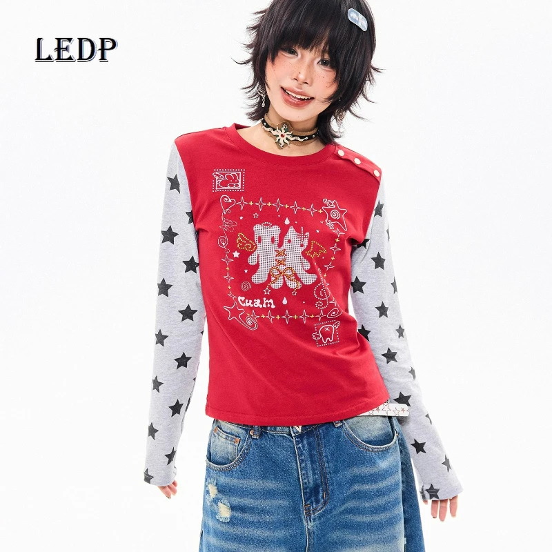 

Американская ретро-звезда контрастного цвета, женская футболка с круглым вырезом, осенняя новая облегающая рубашка с внутренним дном, женская футболка