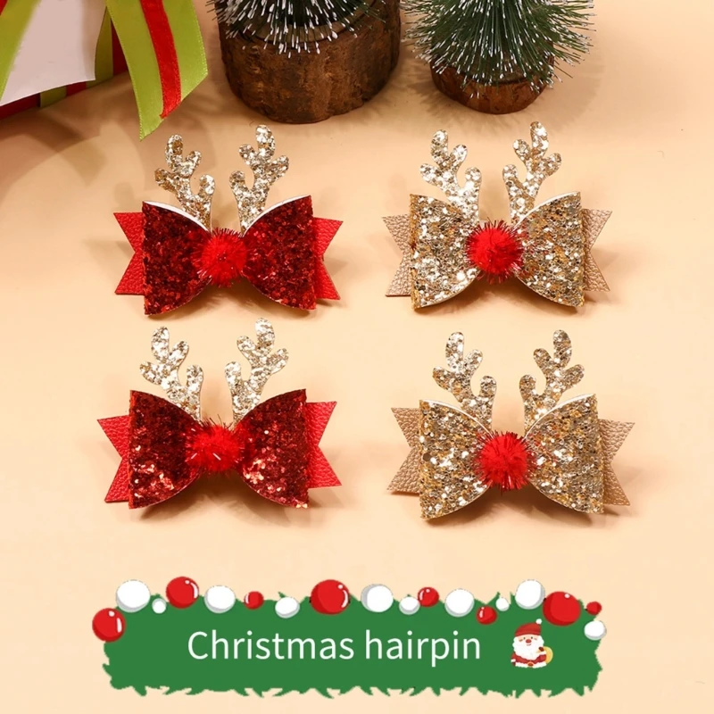 1 Set New Christmas Sequins Baby Barrettes Glitter Cute Antler Kids Hair Clip Elk Bow Hairpin Baby Girls Festival Xmas Headwear