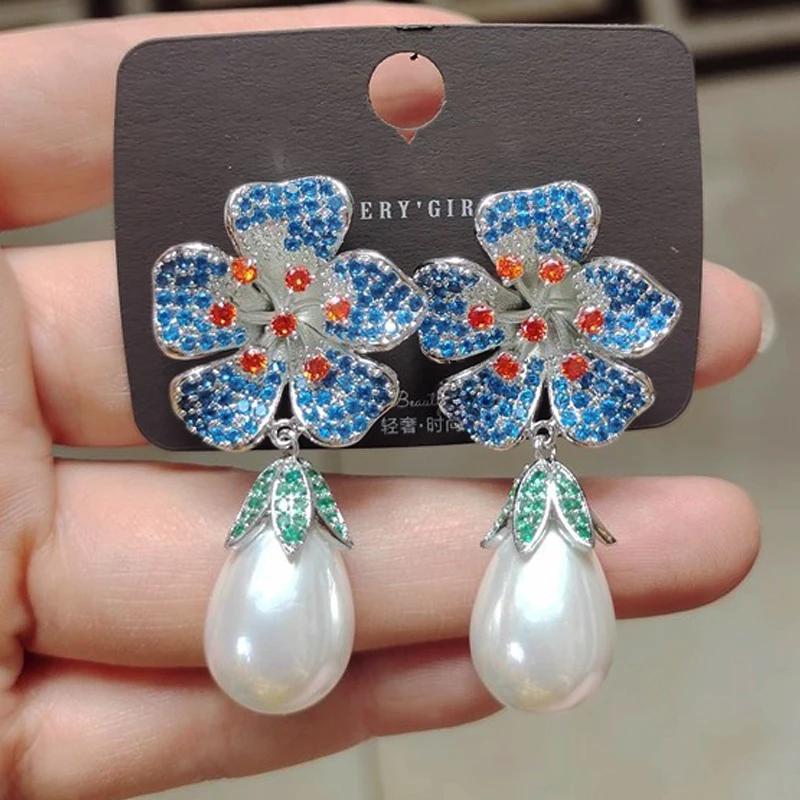 

Women Flower Earrings Blue Pink Sweet Zirconia Jewelry for Spring Summer Party Vacation Daily Wear