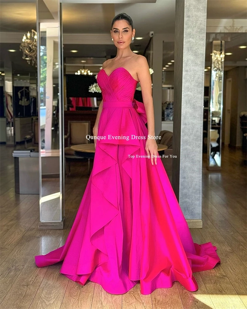 Qunque Fuchsia Sweetheart Evening Dress Pleat Floor Length With Bow Ruffles Prom Gown Formal Dress Vestido Gala 2024 Customized