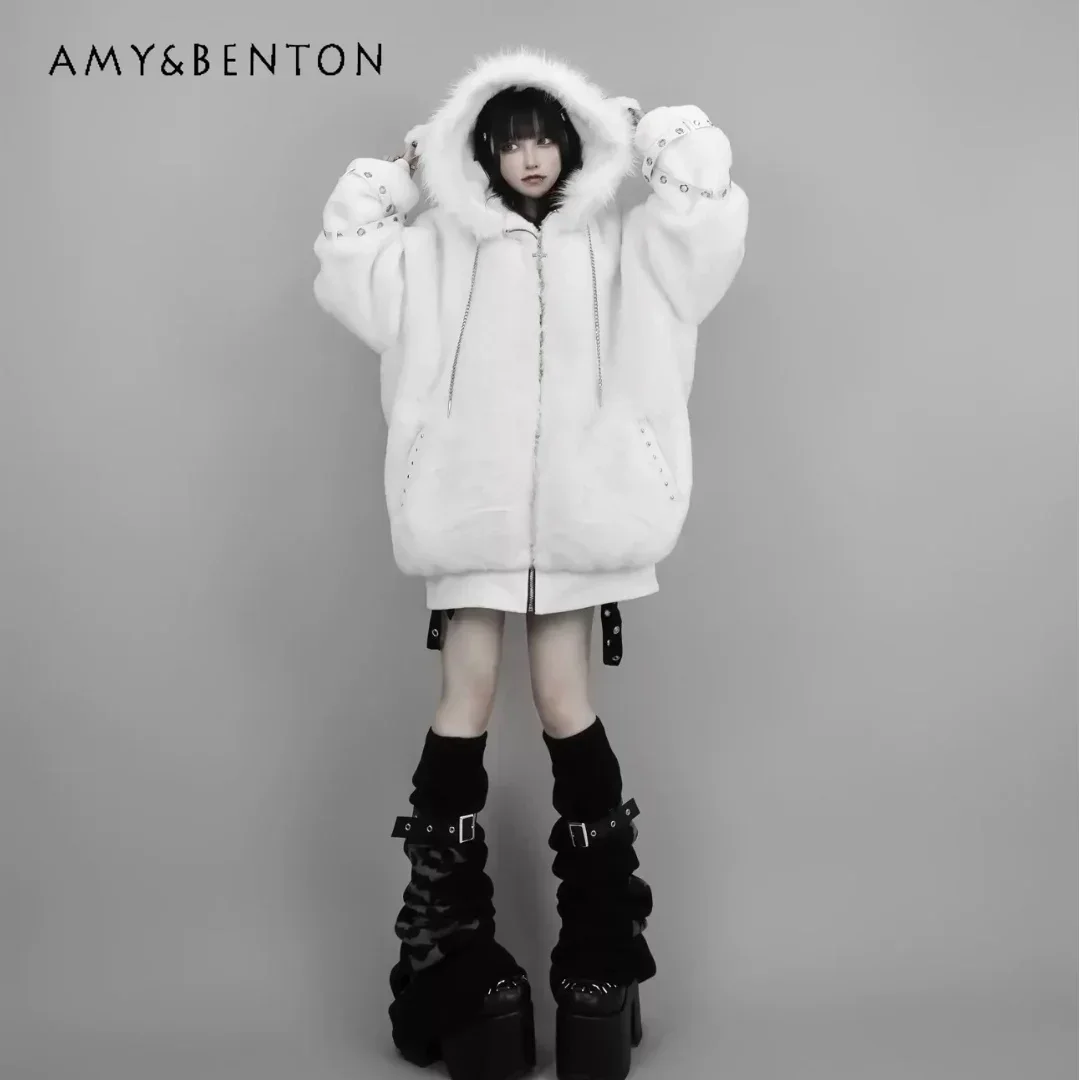 Harajuku Mine Series Sweet Cool Plush Coat Women Autumn Winter Subculture Punk Cute Lamb Ears Hooded Thickened Oversized Coat