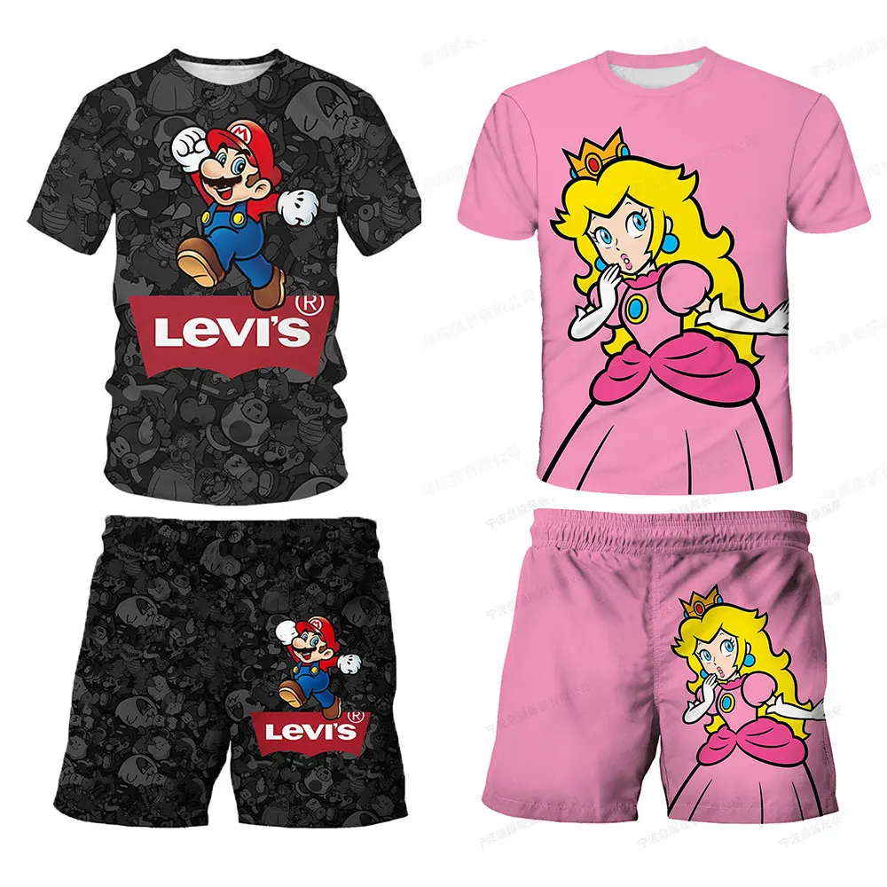 

Super Marios Bros Kids T-shirt Casual Shorts Set Children Short Sleeve Top Anime Print Pants Summer Cartoon Cute Clothing