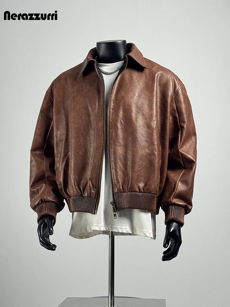 Nerazzurri Spring Autumn Short Distressed Brown Pu Leather Jacket Men Turn-Down Collar Zipper Menswear Runway European Fashion