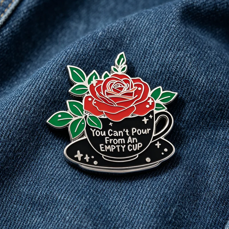 You Can't Pour Water From An Empty Cup Motivational English Brooch Fashionable Rose Coffee Mug Metal Badge Women's Pin