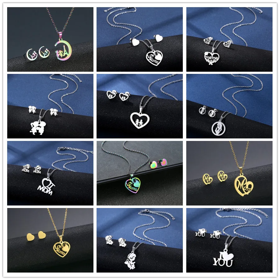 الفولاذ المقاوم للصدأ رومانسية مجموعات مجوهرات الحب القلب أنا أحب ماما المختنق القلائد و خواتم مجموعة صبي فتاة العذراء ماري الأسرة الإكسسوارات