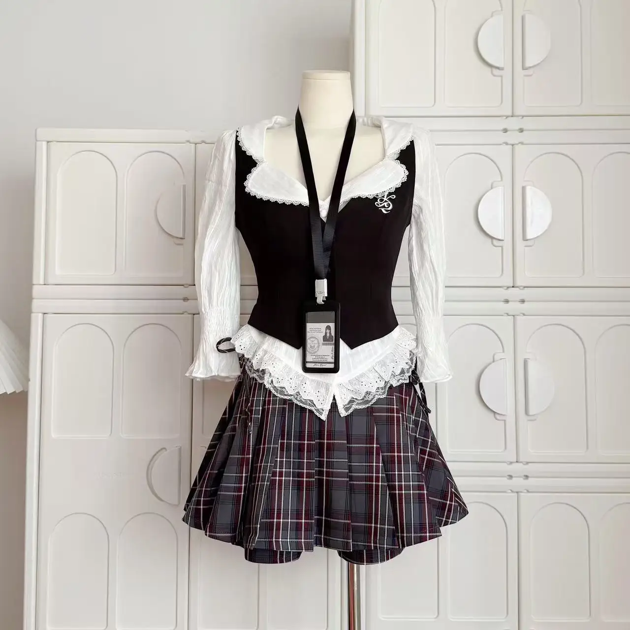 

Summer Women Coquette Preppy Style Uniform Shoujo 2000s Outfits 3 Piece Set Long Sleeve Shirt+ Vest + Mini Plaid Pleated Skirts