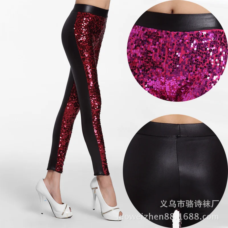 Autumn 2023 Spring New Heavy Sequins Pu Leather Stitching Cropped Pants Women Slim-Fit Nightclub Party Outerwear Leggings Street