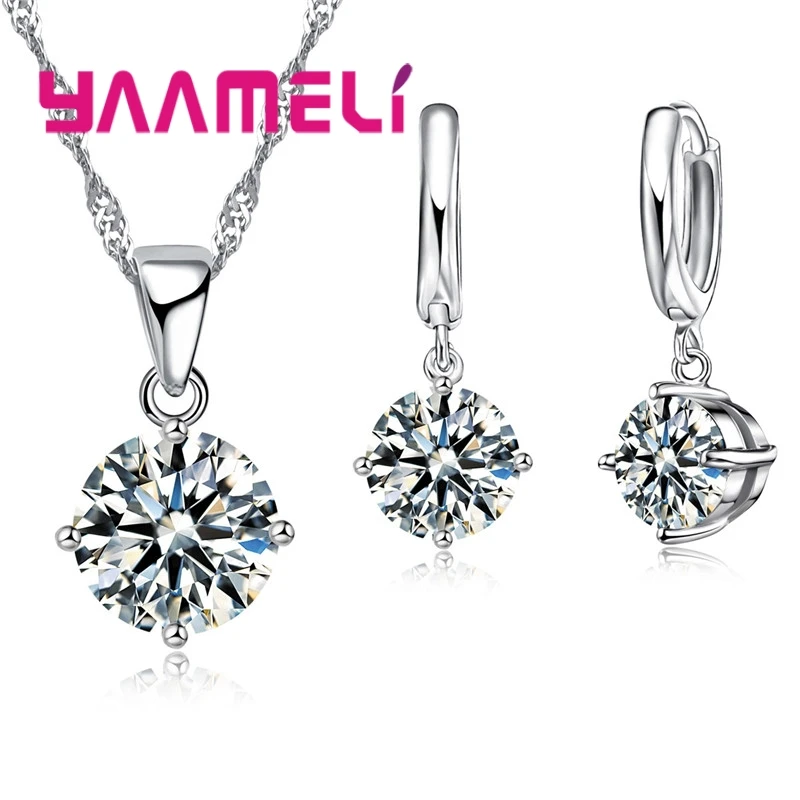 Cost Sales!! Nice 925 Sterling Silver Women Jewelry Set Austrian Crystal Round CZ Crystal  Pendant Necklace Earrings