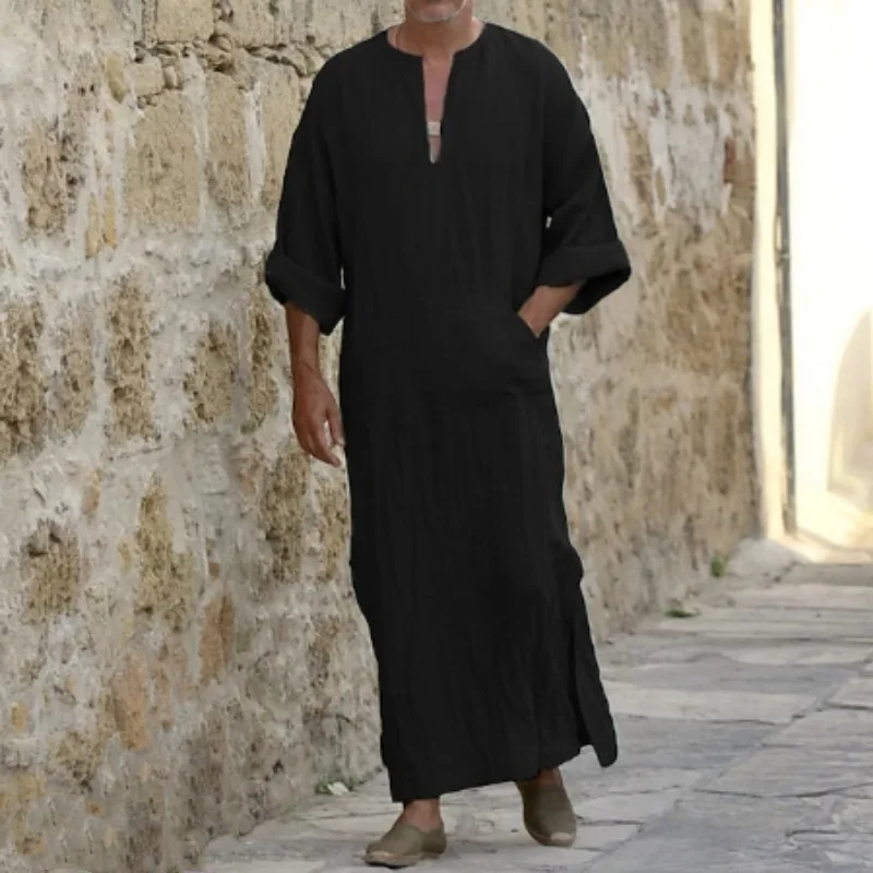 2025 moda semplice musulmano nuovi uomini allentati colletto alla coreana porta tubo a maniche lunghe abito stile etnico Medio Oriente veste Y-038